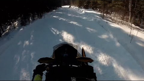 Driving view of snowmobile on winter trail