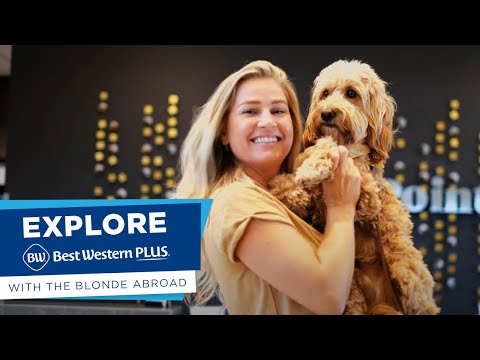 Blonde girl in yellow shirt holding a curly brown haired dog