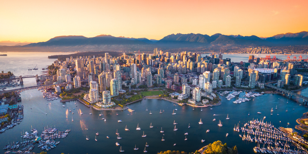 Aerial view of the Vancouver skyline at sunset