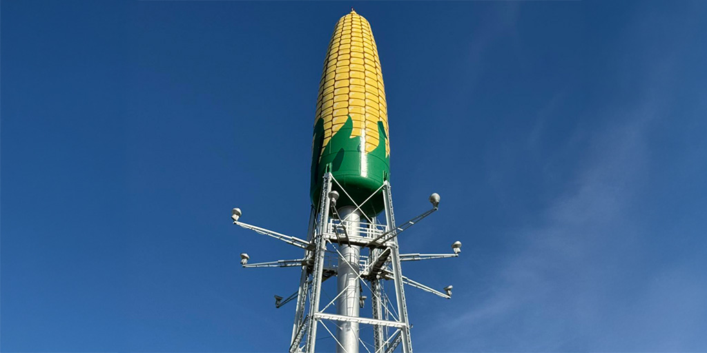 A large corn cob structure with bright blue sky behind it