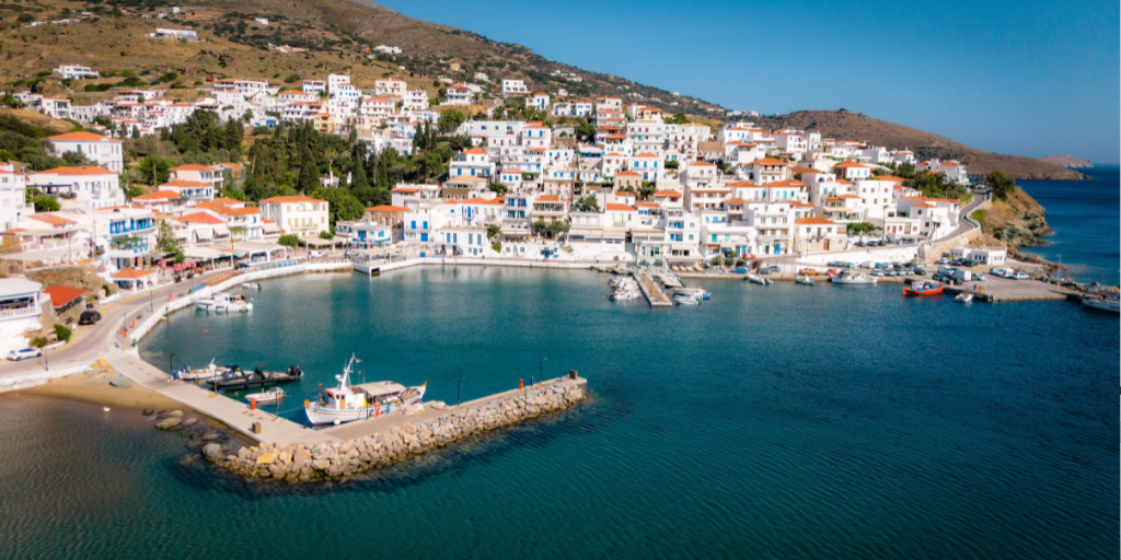 City and ocean aerial view of Andros Greece