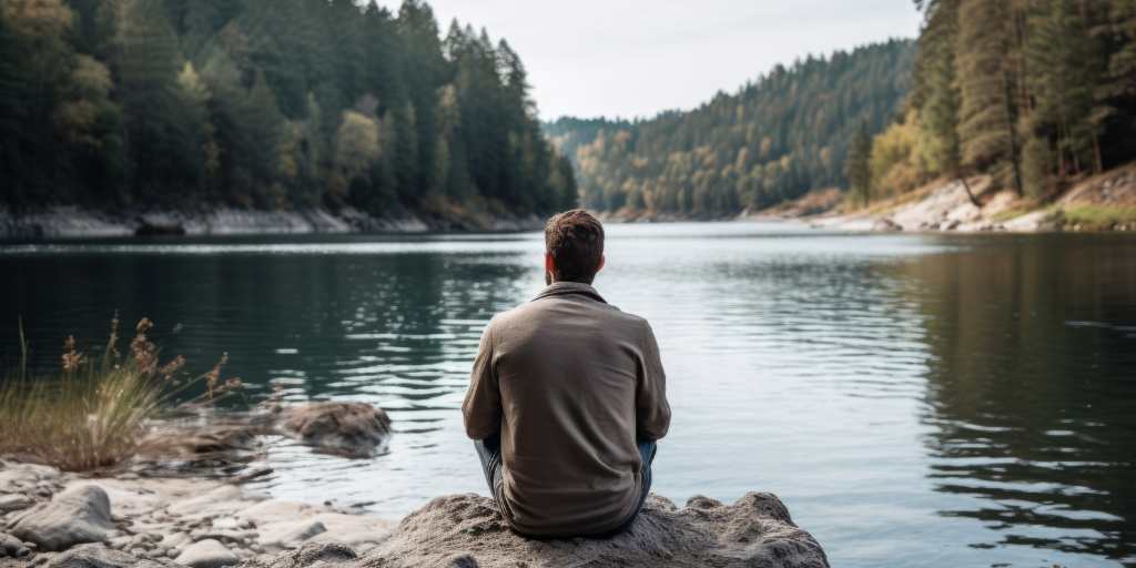Back view of a man sits on the shore of a lake and admires the mountains view.