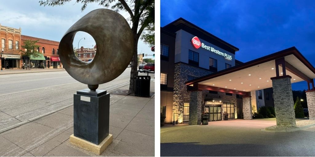 Image collage of St Peter, Minnesota with metal structure/art on the left, Best Western hotel on the right
