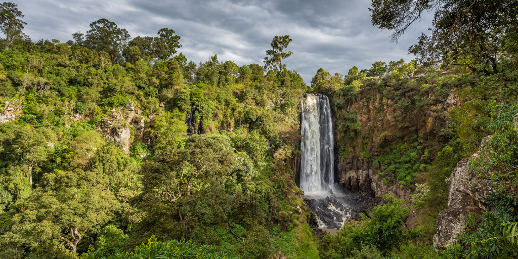 Waterfall in Africa surrounded by lush greenery