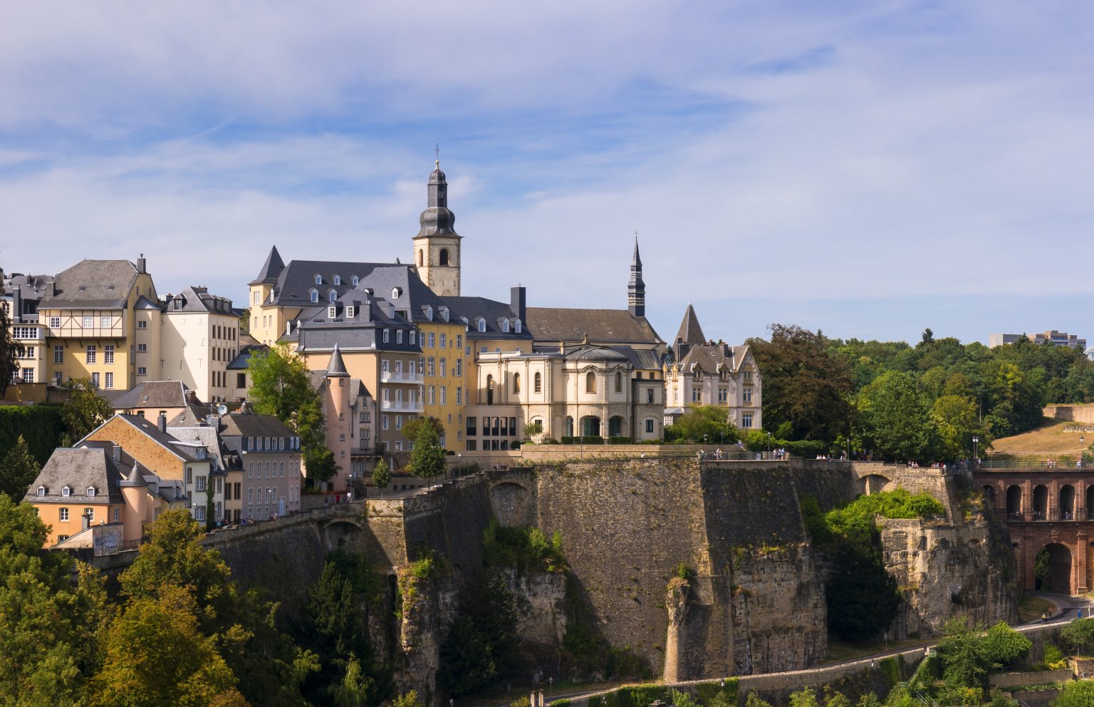 Historic buildings and church towers sit atop a rocky cliff in Luxembourg City, overlooking a green valley with stone walls and pathways below.